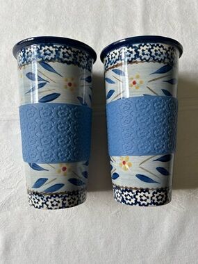 Temptations by Tara.  2 Old World Blue Travel Coffee Tumblers